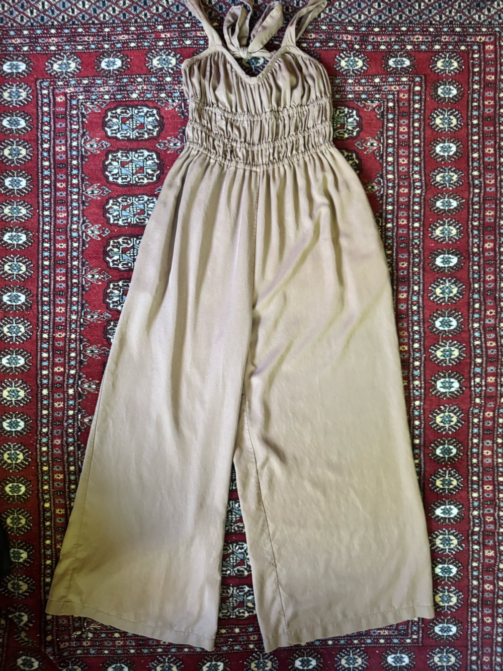 Anthropologie Maronie Tan Smocked Maxi Wide Leg Jumpsuit Tencel Size Small